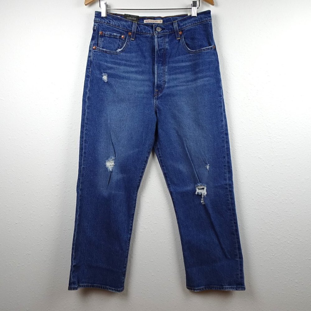 Levi's Ribcage Straight Ankle Jeans Size 31x27 Blue Denim Stretch Distressed